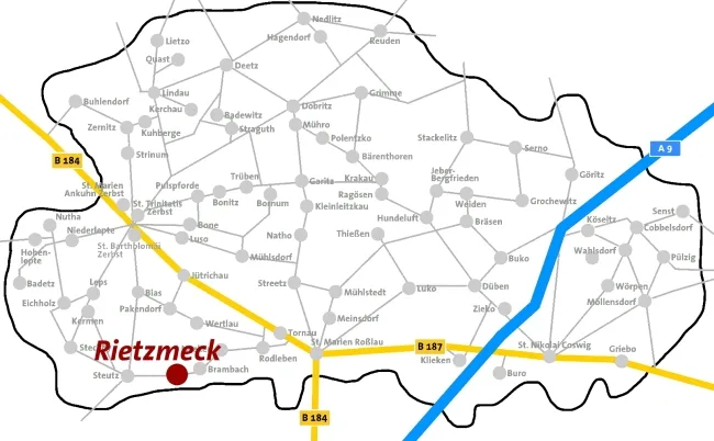 Lageplan: Rietzmeck ist auf der Karte des Kirchenkreises Zerbst rot markiert.
